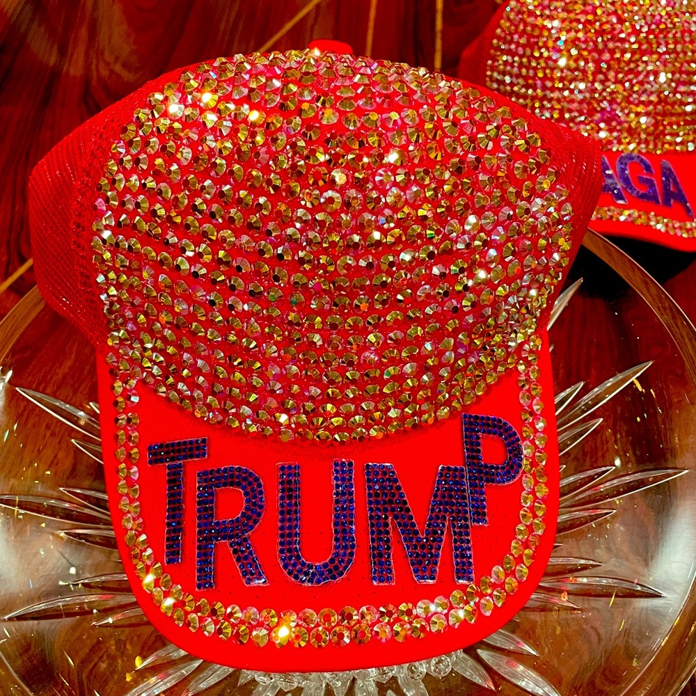 NWT Custom Made “TRUMP” Red hat w/ Gold Rhinestones, & Navy Bling letters. MAGA